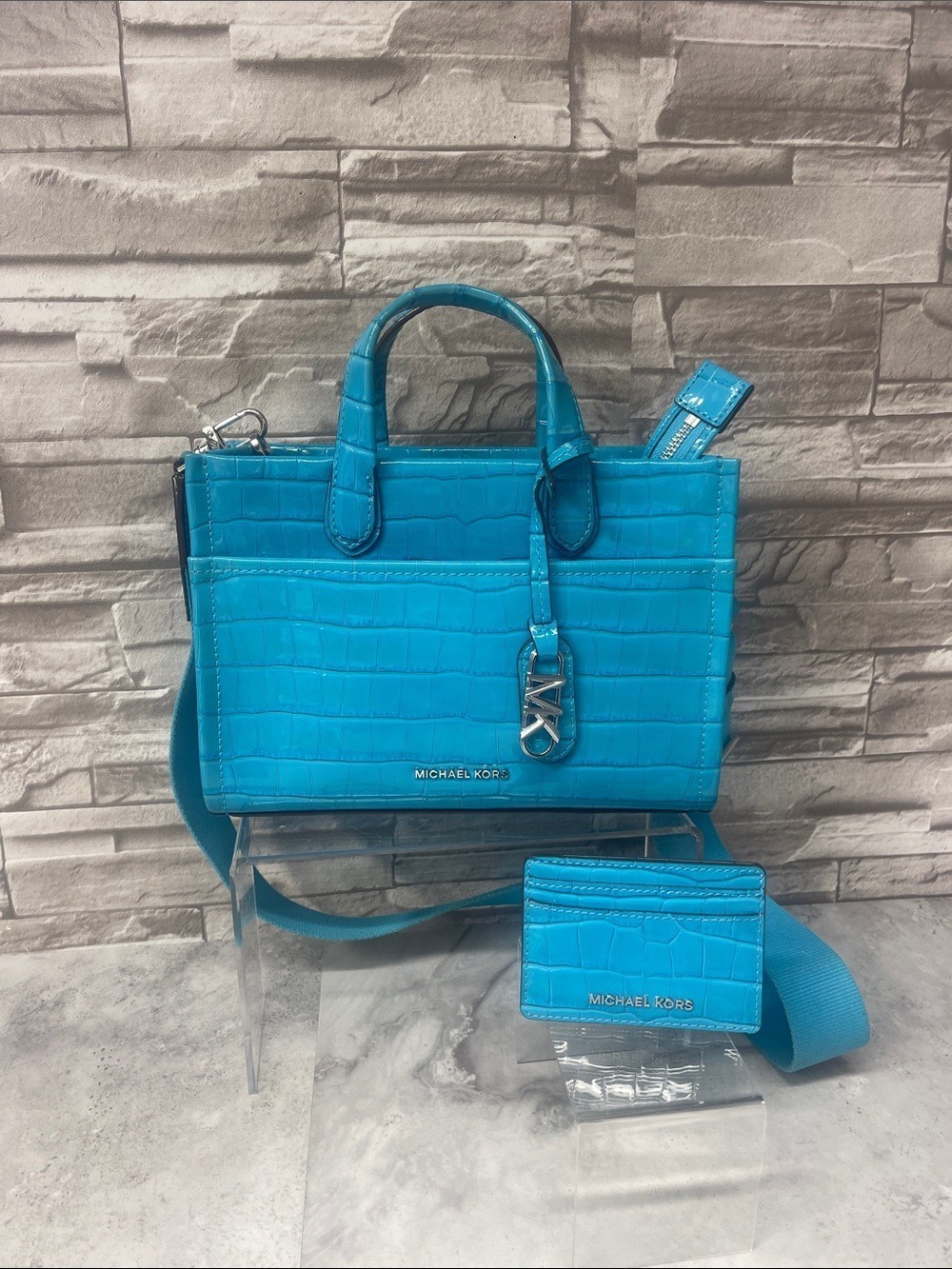 Michael Kors Gigi Croc Embossed Satchel & Matching Wallet Santorini Blue